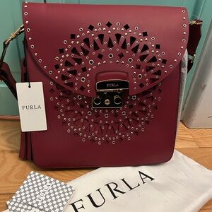 Furla Metropolis Wine Red Laser-Cut Studded Crossbody Bag